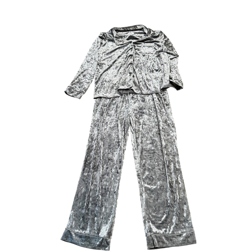 Nicole Miller Pajama Set Women XL Silver Excellent Crushed Velvet Loungewear